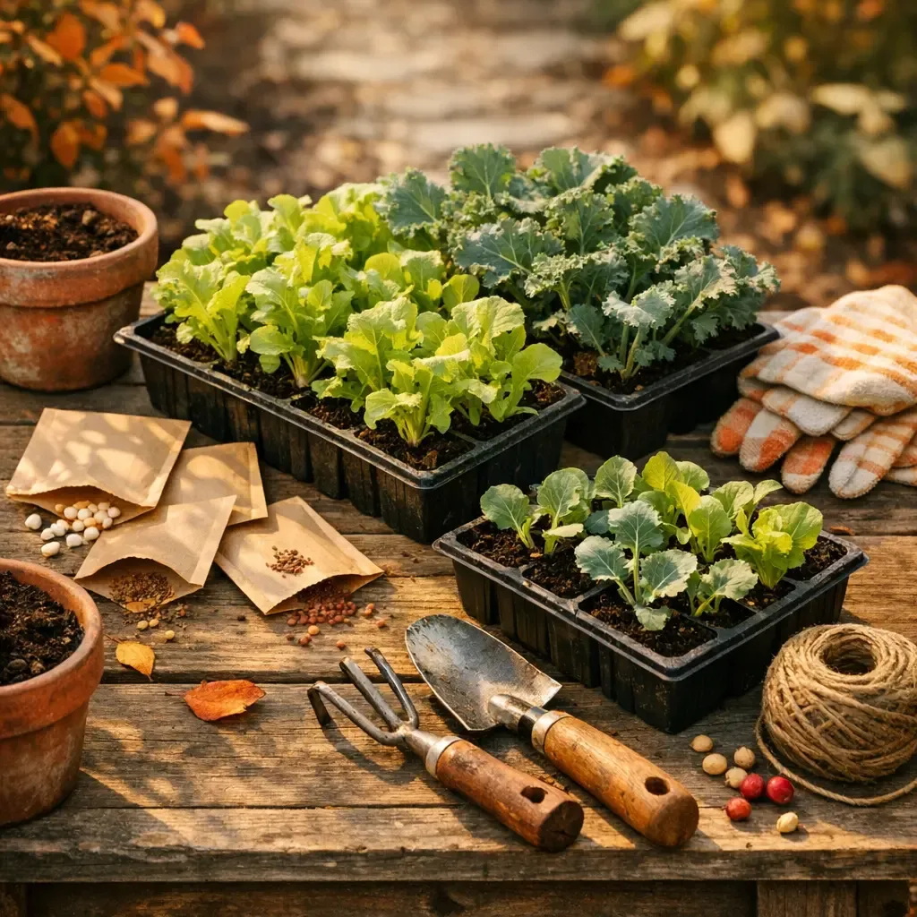 Cool-season seedlings, seed packets, and hand tools arranged on a wooden bench in autumn light