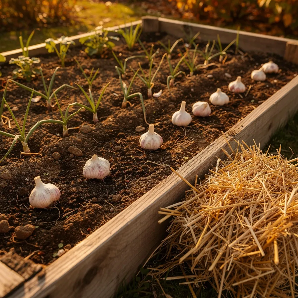 Garlic cloves being planted in fall in a mulched raised bed.