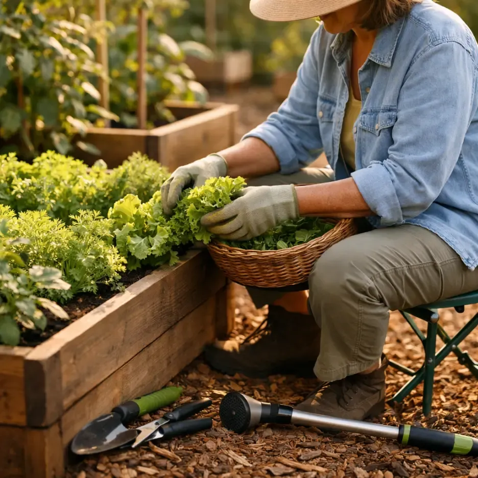 Woman in her 60s sitting on a small garden stool tending raised beds in soft morning light