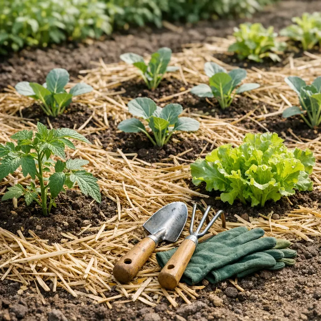 Fresh straw mulch spread neatly around young vegetable plants in a sunny garden bed