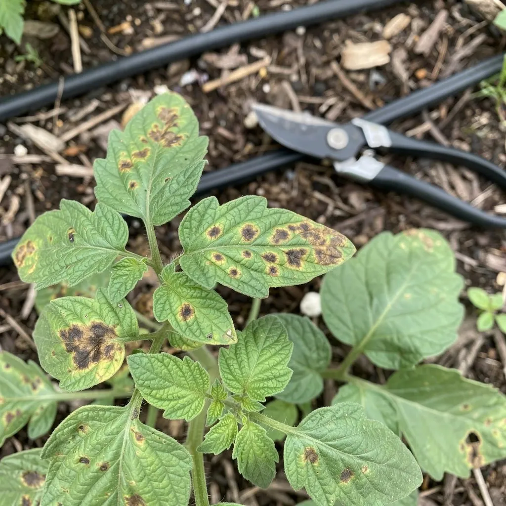 Tomato leaves showing early disease signs in a mulched garden bed.