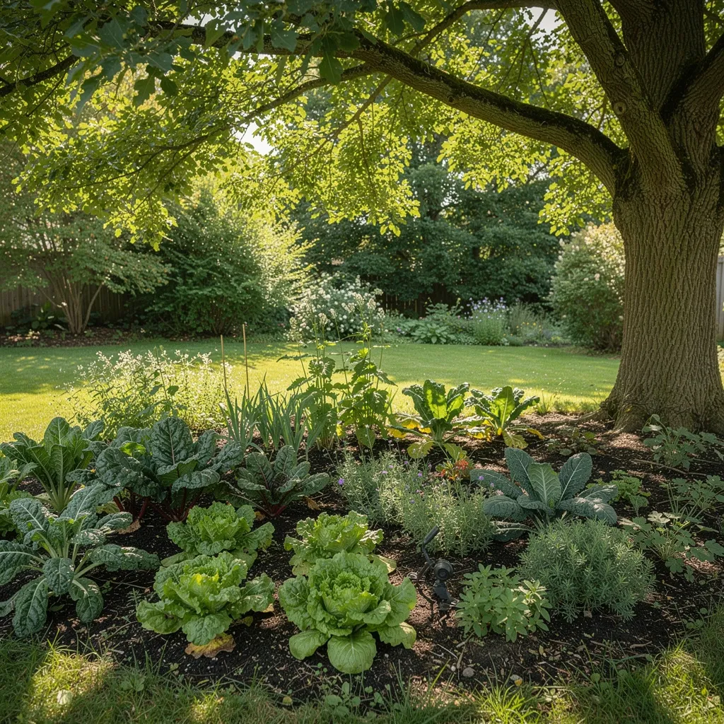 Leafy vegetables growing well in a dappled partial-shade garden bed.