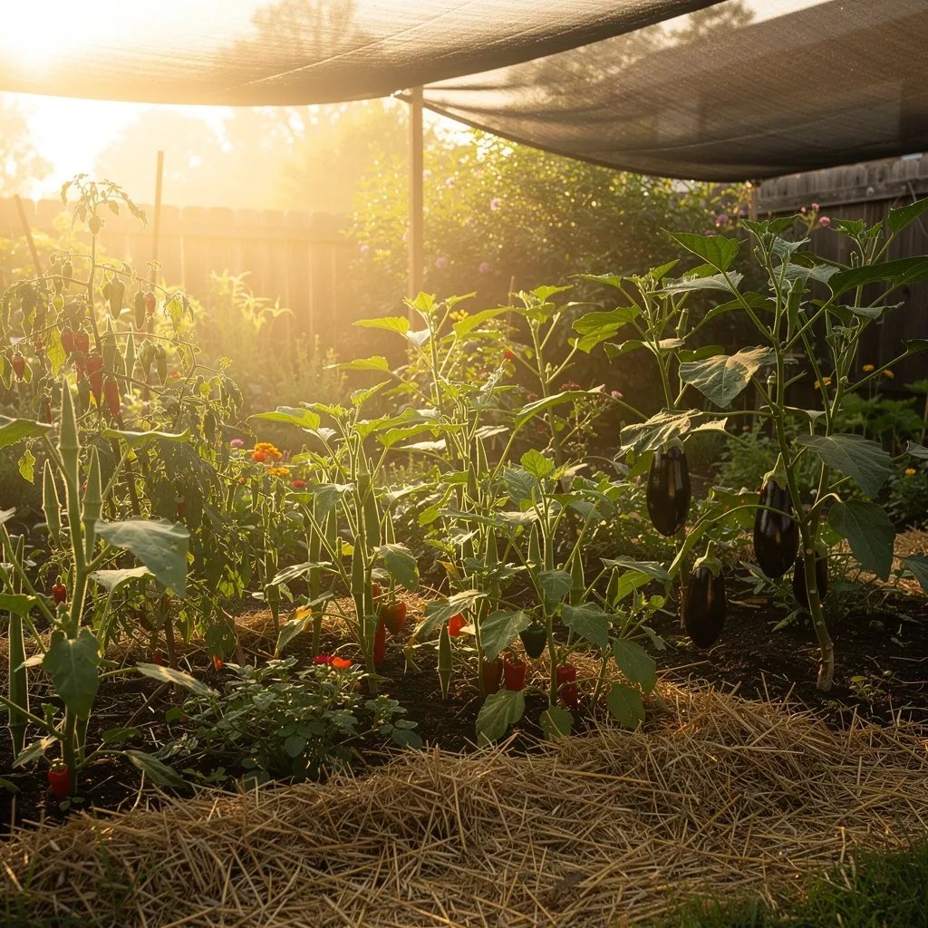 Heat-tolerant vegetables thriving in a mulched backyard garden under light shade cloth.