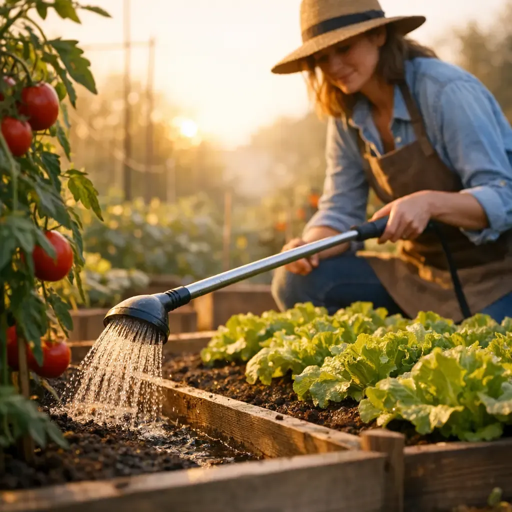 Gardener watering raised vegetable beds at sunrise with a long watering wand